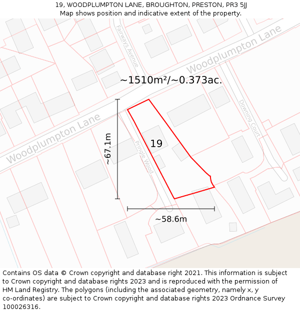 19, WOODPLUMPTON LANE, BROUGHTON, PRESTON, PR3 5JJ: Plot and title map