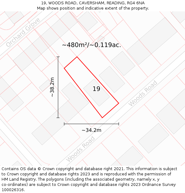 19, WOODS ROAD, CAVERSHAM, READING, RG4 6NA: Plot and title map