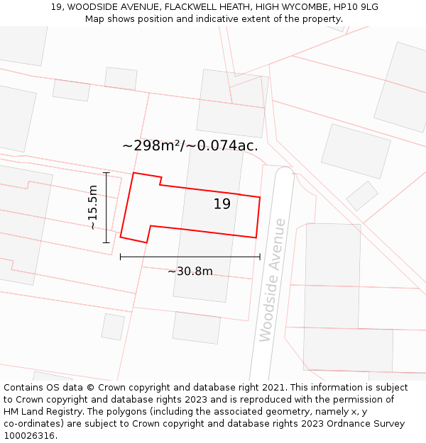 19, WOODSIDE AVENUE, FLACKWELL HEATH, HIGH WYCOMBE, HP10 9LG: Plot and title map