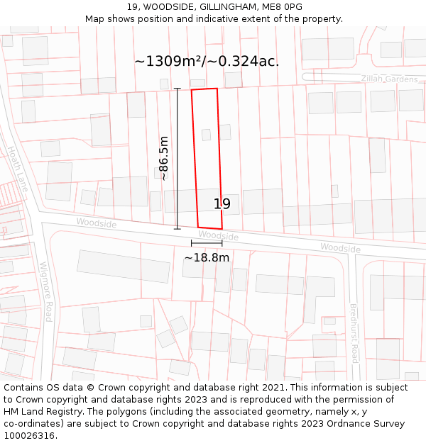 19, WOODSIDE, GILLINGHAM, ME8 0PG: Plot and title map