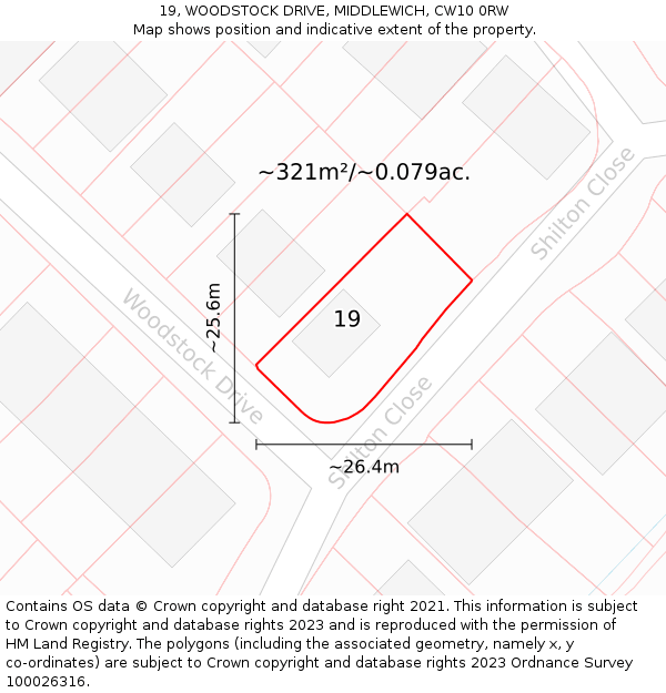 19, WOODSTOCK DRIVE, MIDDLEWICH, CW10 0RW: Plot and title map