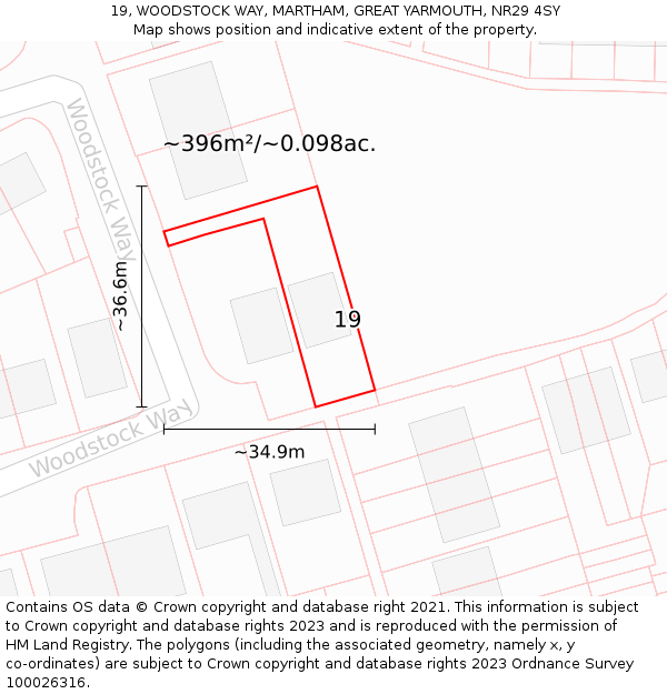 19, WOODSTOCK WAY, MARTHAM, GREAT YARMOUTH, NR29 4SY: Plot and title map