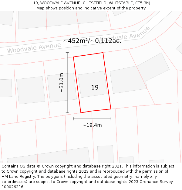 19, WOODVALE AVENUE, CHESTFIELD, WHITSTABLE, CT5 3NJ: Plot and title map