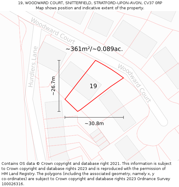19, WOODWARD COURT, SNITTERFIELD, STRATFORD-UPON-AVON, CV37 0RP: Plot and title map