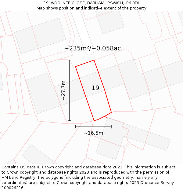 19, WOOLNER CLOSE, BARHAM, IPSWICH, IP6 0DL: Plot and title map