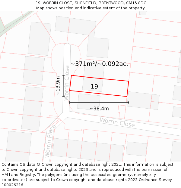 19, WORRIN CLOSE, SHENFIELD, BRENTWOOD, CM15 8DG: Plot and title map
