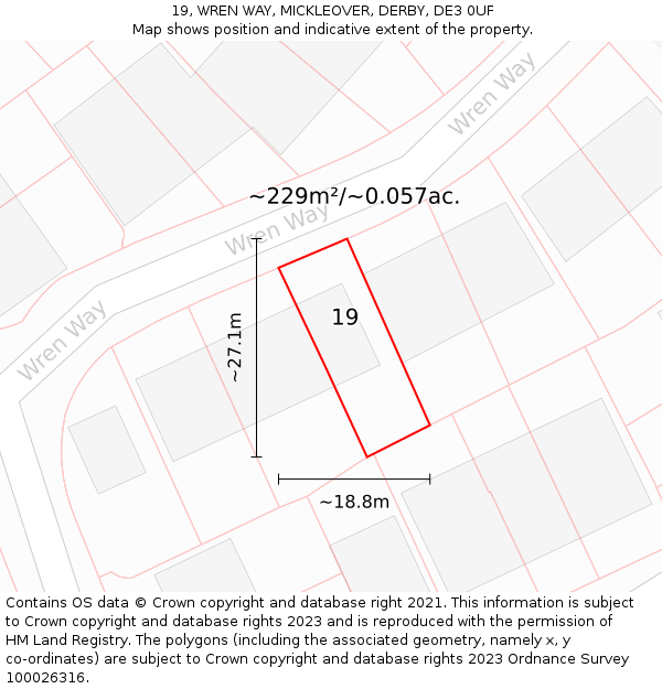19, WREN WAY, MICKLEOVER, DERBY, DE3 0UF: Plot and title map