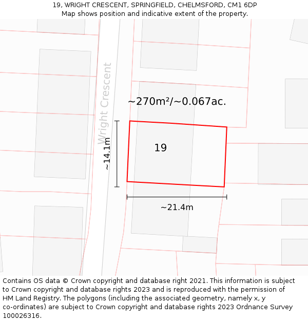 19, WRIGHT CRESCENT, SPRINGFIELD, CHELMSFORD, CM1 6DP: Plot and title map