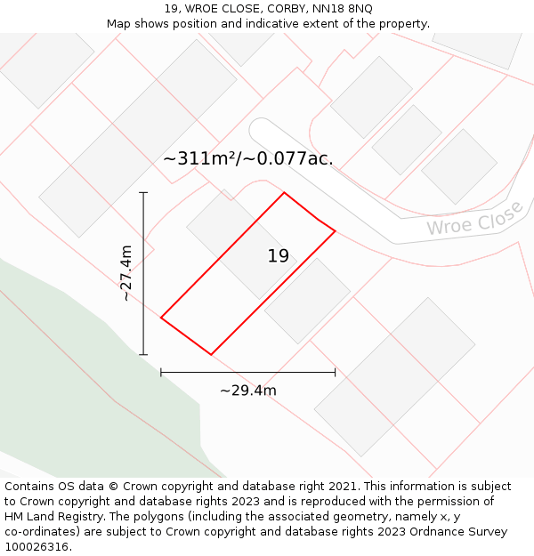 19, WROE CLOSE, CORBY, NN18 8NQ: Plot and title map