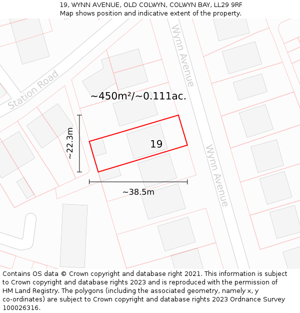 19, WYNN AVENUE, OLD COLWYN, COLWYN BAY, LL29 9RF: Plot and title map