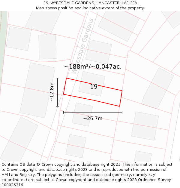19, WYRESDALE GARDENS, LANCASTER, LA1 3FA: Plot and title map