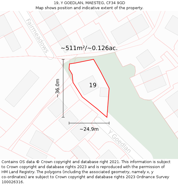19, Y GOEDLAN, MAESTEG, CF34 9GD: Plot and title map