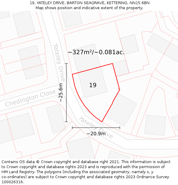 19, YATELEY DRIVE, BARTON SEAGRAVE, KETTERING, NN15 6BN: Plot and title map