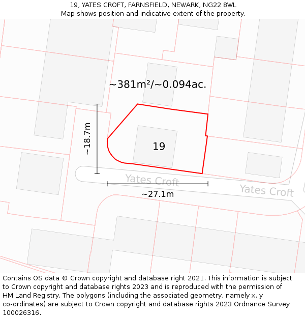 19, YATES CROFT, FARNSFIELD, NEWARK, NG22 8WL: Plot and title map