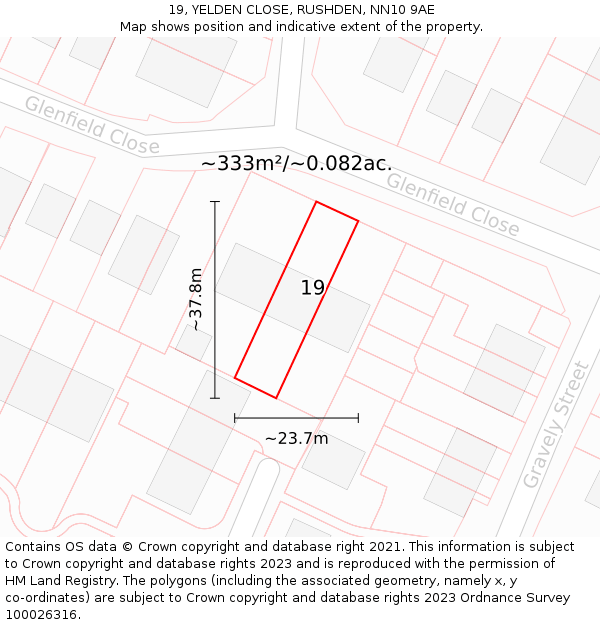 19, YELDEN CLOSE, RUSHDEN, NN10 9AE: Plot and title map