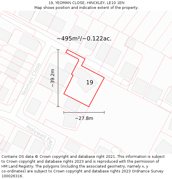 19, YEOMAN CLOSE, HINCKLEY, LE10 1EN: Plot and title map
