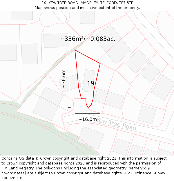 19, YEW TREE ROAD, MADELEY, TELFORD, TF7 5TE: Plot and title map