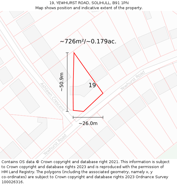 19, YEWHURST ROAD, SOLIHULL, B91 1PN: Plot and title map