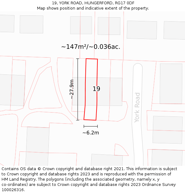 19, YORK ROAD, HUNGERFORD, RG17 0DF: Plot and title map