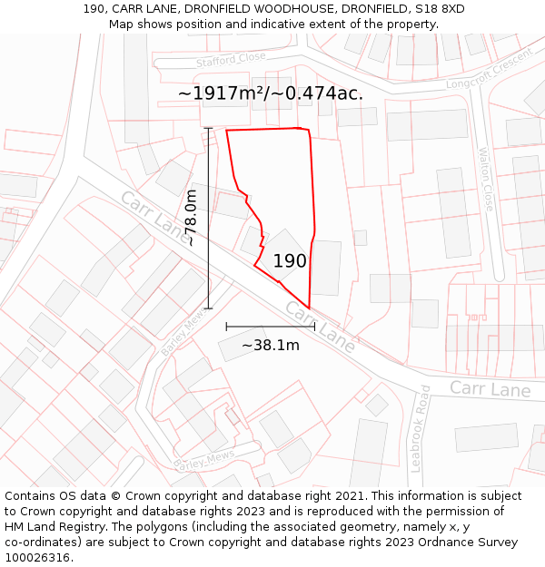 190, CARR LANE, DRONFIELD WOODHOUSE, DRONFIELD, S18 8XD: Plot and title map