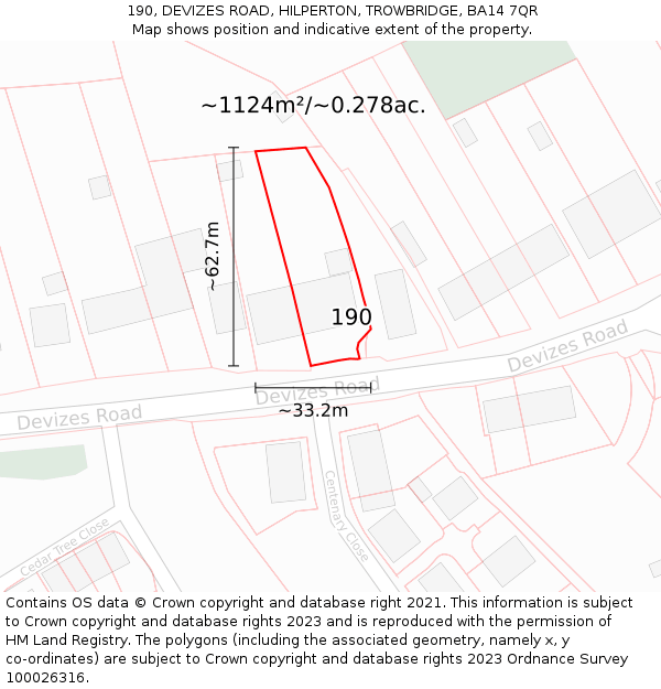 190, DEVIZES ROAD, HILPERTON, TROWBRIDGE, BA14 7QR: Plot and title map