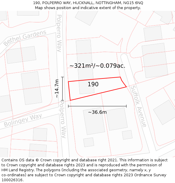 190, POLPERRO WAY, HUCKNALL, NOTTINGHAM, NG15 6NQ: Plot and title map