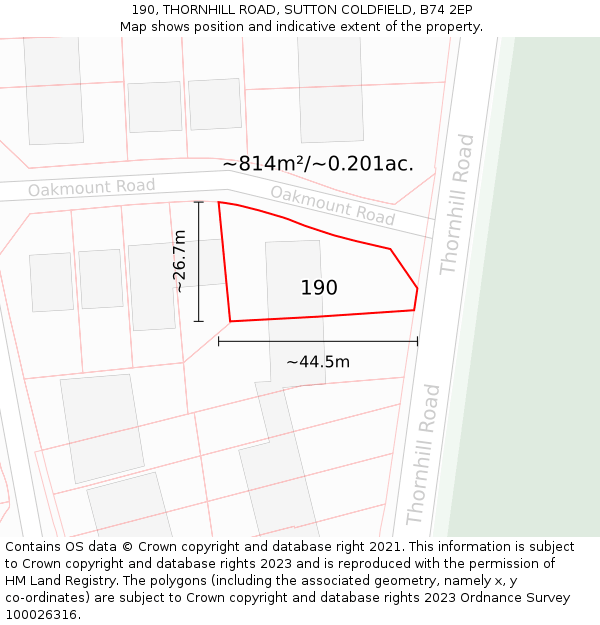190, THORNHILL ROAD, SUTTON COLDFIELD, B74 2EP: Plot and title map