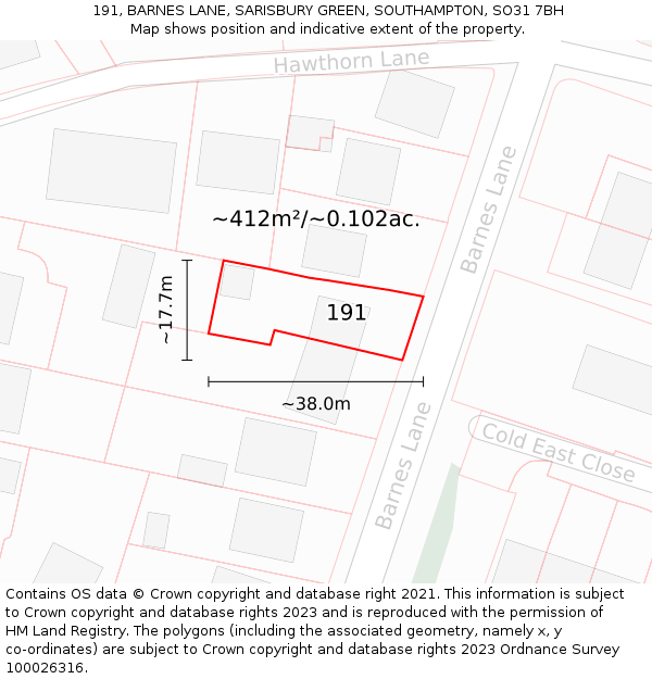 191, BARNES LANE, SARISBURY GREEN, SOUTHAMPTON, SO31 7BH: Plot and title map