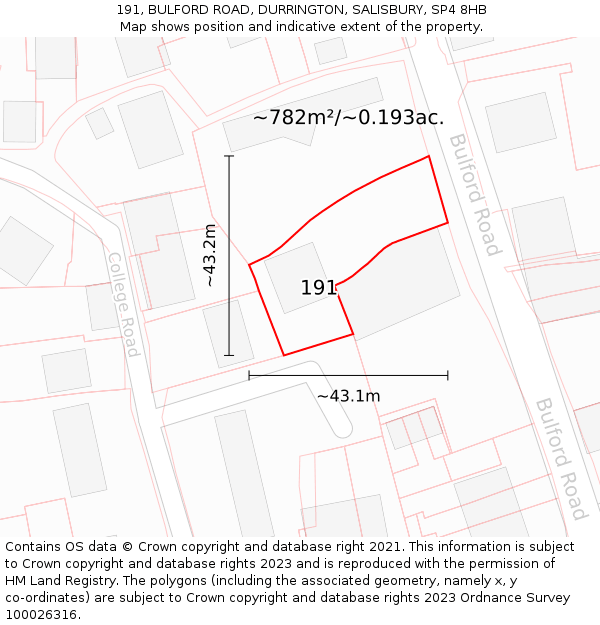 191, BULFORD ROAD, DURRINGTON, SALISBURY, SP4 8HB: Plot and title map