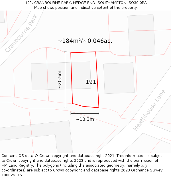 191, CRANBOURNE PARK, HEDGE END, SOUTHAMPTON, SO30 0PA: Plot and title map