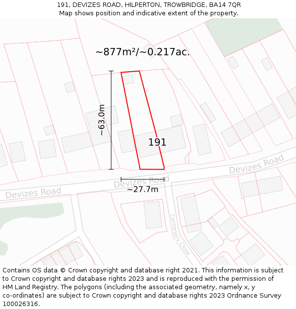 191, DEVIZES ROAD, HILPERTON, TROWBRIDGE, BA14 7QR: Plot and title map