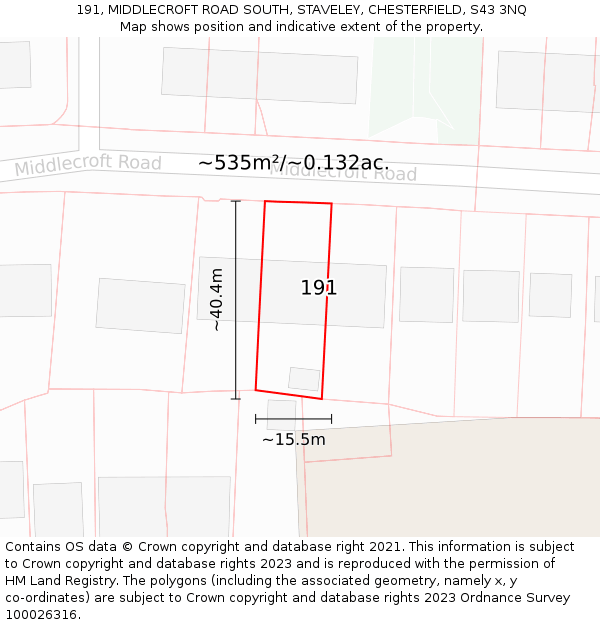 191, MIDDLECROFT ROAD SOUTH, STAVELEY, CHESTERFIELD, S43 3NQ: Plot and title map
