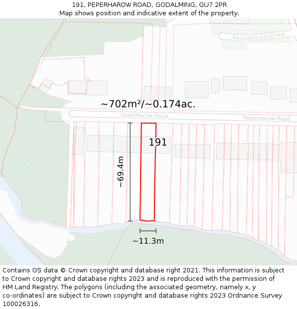 191, PEPERHAROW ROAD, GODALMING, GU7 2PR: Plot and title map