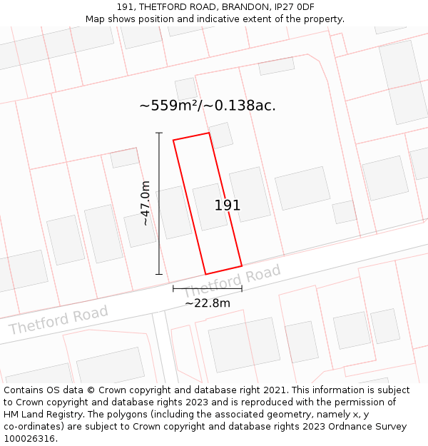 191, THETFORD ROAD, BRANDON, IP27 0DF: Plot and title map