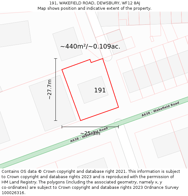 191, WAKEFIELD ROAD, DEWSBURY, WF12 8AJ: Plot and title map
