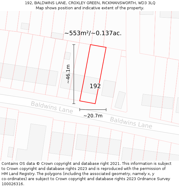 192, BALDWINS LANE, CROXLEY GREEN, RICKMANSWORTH, WD3 3LQ: Plot and title map