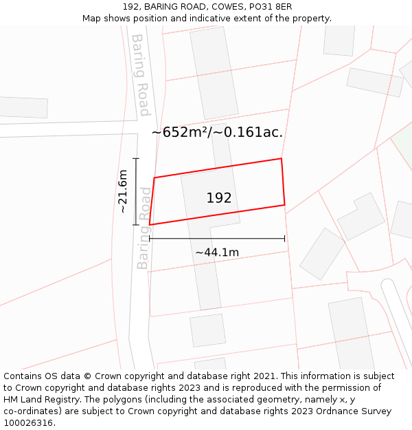 192, BARING ROAD, COWES, PO31 8ER: Plot and title map