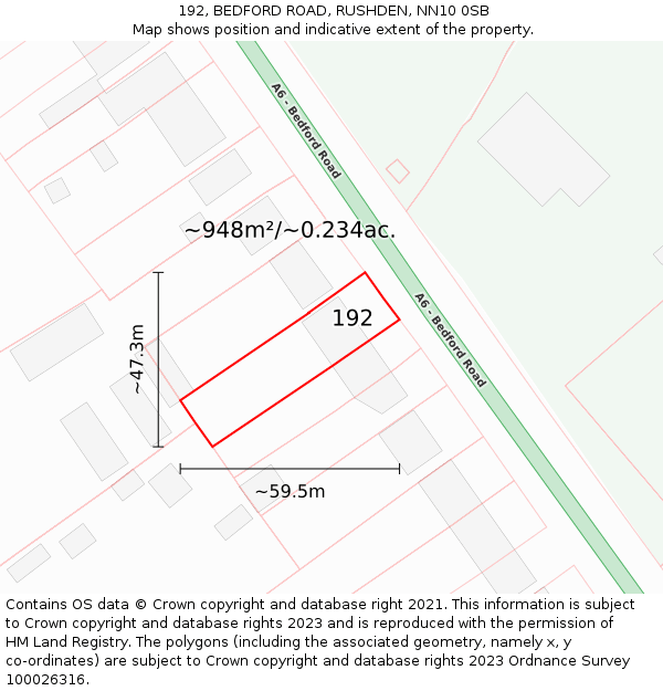 192, BEDFORD ROAD, RUSHDEN, NN10 0SB: Plot and title map