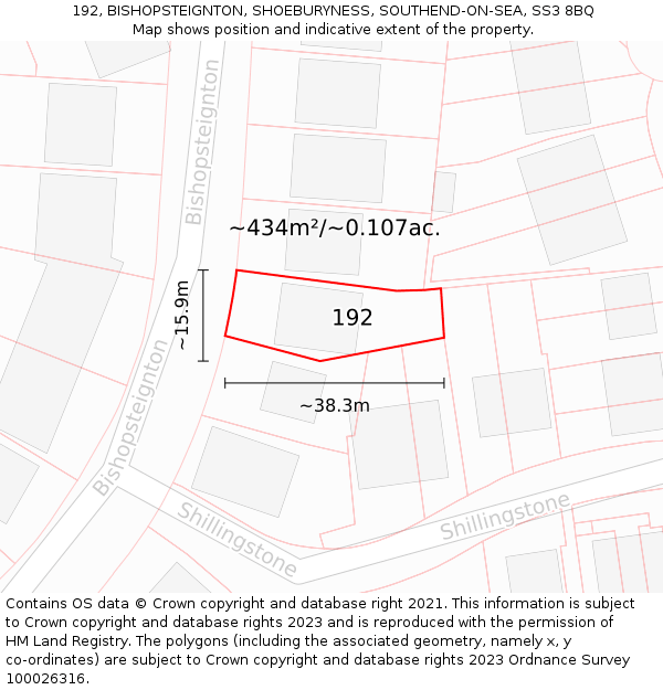 192, BISHOPSTEIGNTON, SHOEBURYNESS, SOUTHEND-ON-SEA, SS3 8BQ: Plot and title map