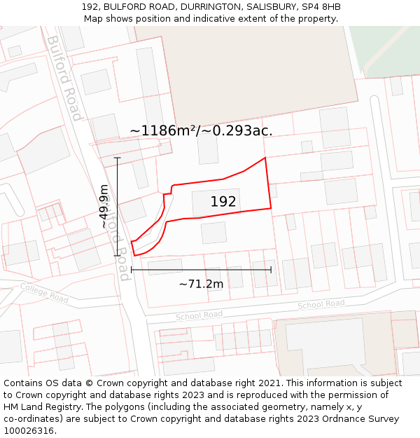 192, BULFORD ROAD, DURRINGTON, SALISBURY, SP4 8HB: Plot and title map