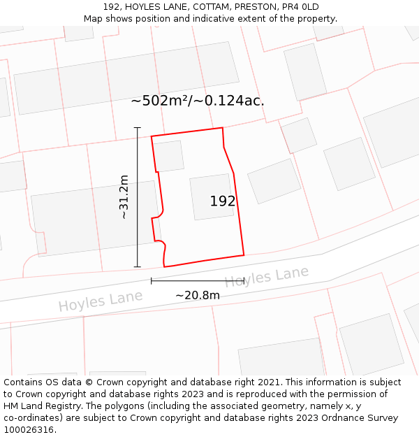 192, HOYLES LANE, COTTAM, PRESTON, PR4 0LD: Plot and title map