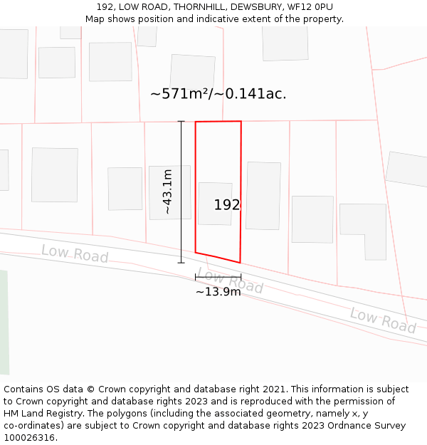 192, LOW ROAD, THORNHILL, DEWSBURY, WF12 0PU: Plot and title map
