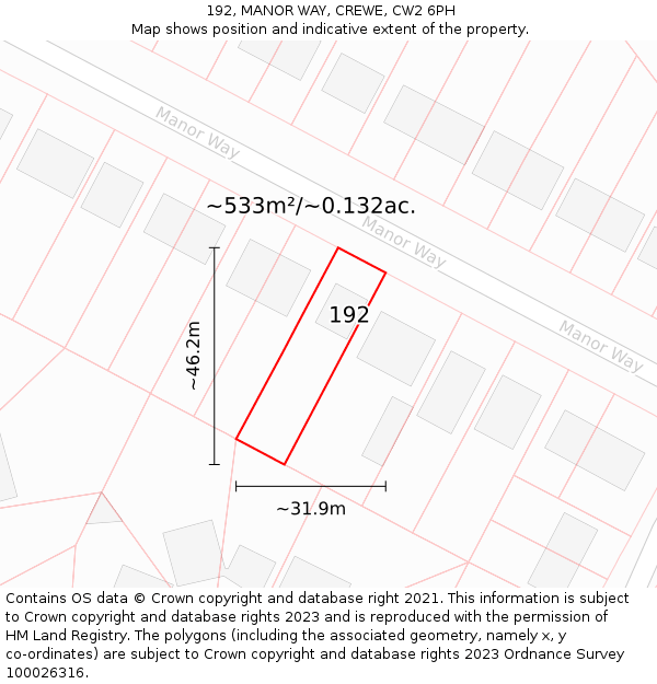 192, MANOR WAY, CREWE, CW2 6PH: Plot and title map