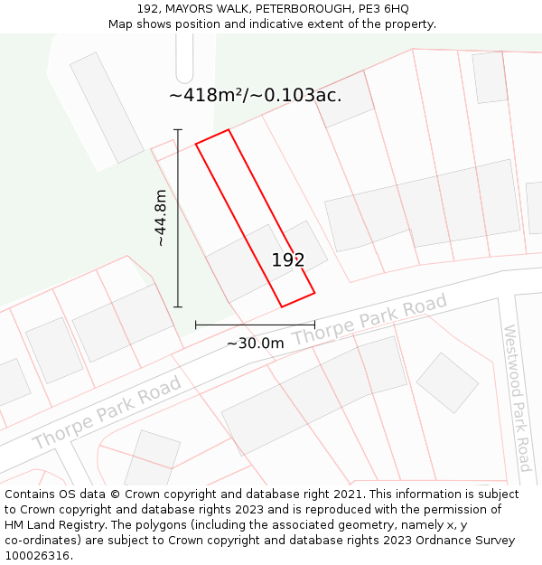192, MAYORS WALK, PETERBOROUGH, PE3 6HQ: Plot and title map