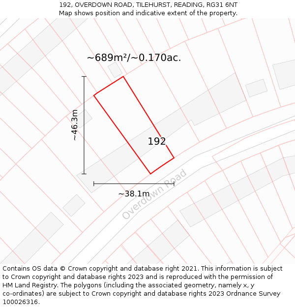 192, OVERDOWN ROAD, TILEHURST, READING, RG31 6NT: Plot and title map