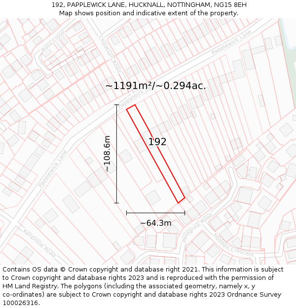 192, PAPPLEWICK LANE, HUCKNALL, NOTTINGHAM, NG15 8EH: Plot and title map