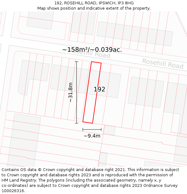 192, ROSEHILL ROAD, IPSWICH, IP3 8HG: Plot and title map