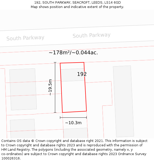 192, SOUTH PARKWAY, SEACROFT, LEEDS, LS14 6GD: Plot and title map