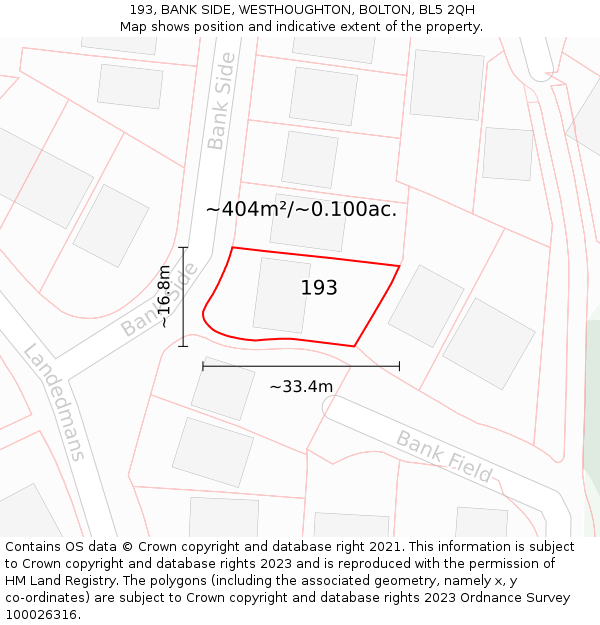 193, BANK SIDE, WESTHOUGHTON, BOLTON, BL5 2QH: Plot and title map