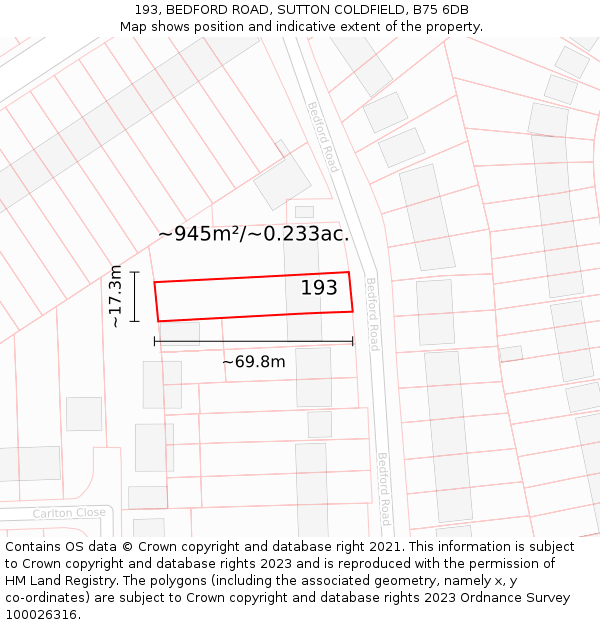 193, BEDFORD ROAD, SUTTON COLDFIELD, B75 6DB: Plot and title map